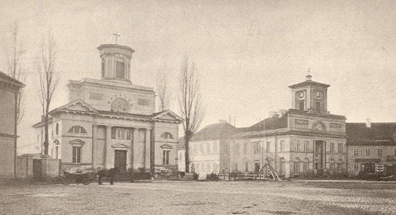 Kościół ewangelicki św. Trójcy i ratusz łódzki około 1880 roku